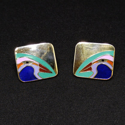 Laurel Burch Bird Post Earrings, Cloisonné Gold Plated, Enamel, 1980s Vintage
