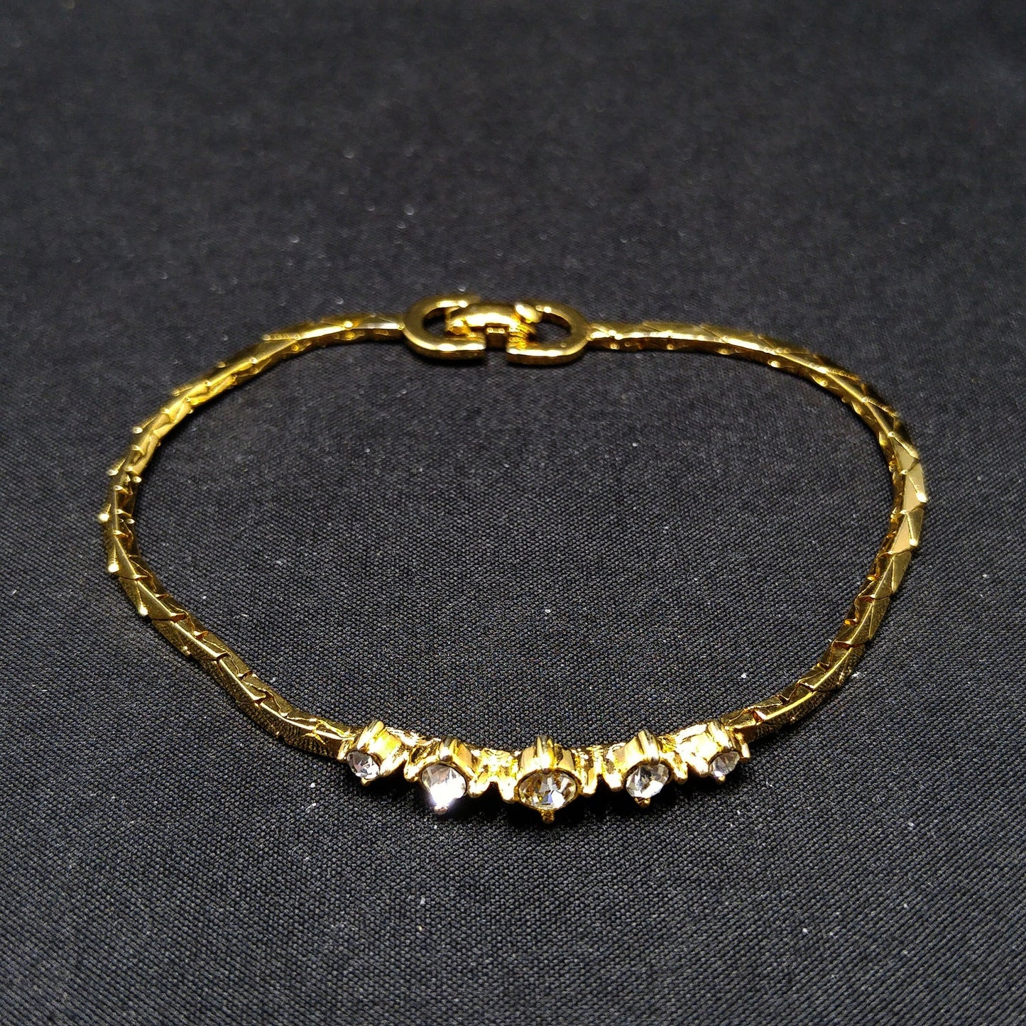 Christian Dior Clear Rhinestone Bracelet, Gold Plated, Triangle Chain, 1980s Vintage Jewelry