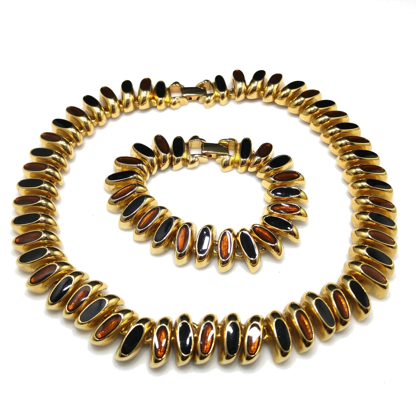 Erwin Pearl Enamel Necklace & Bracelet, Brown Black Enamel, Gold Plate, 1980s Vintage Jewelry