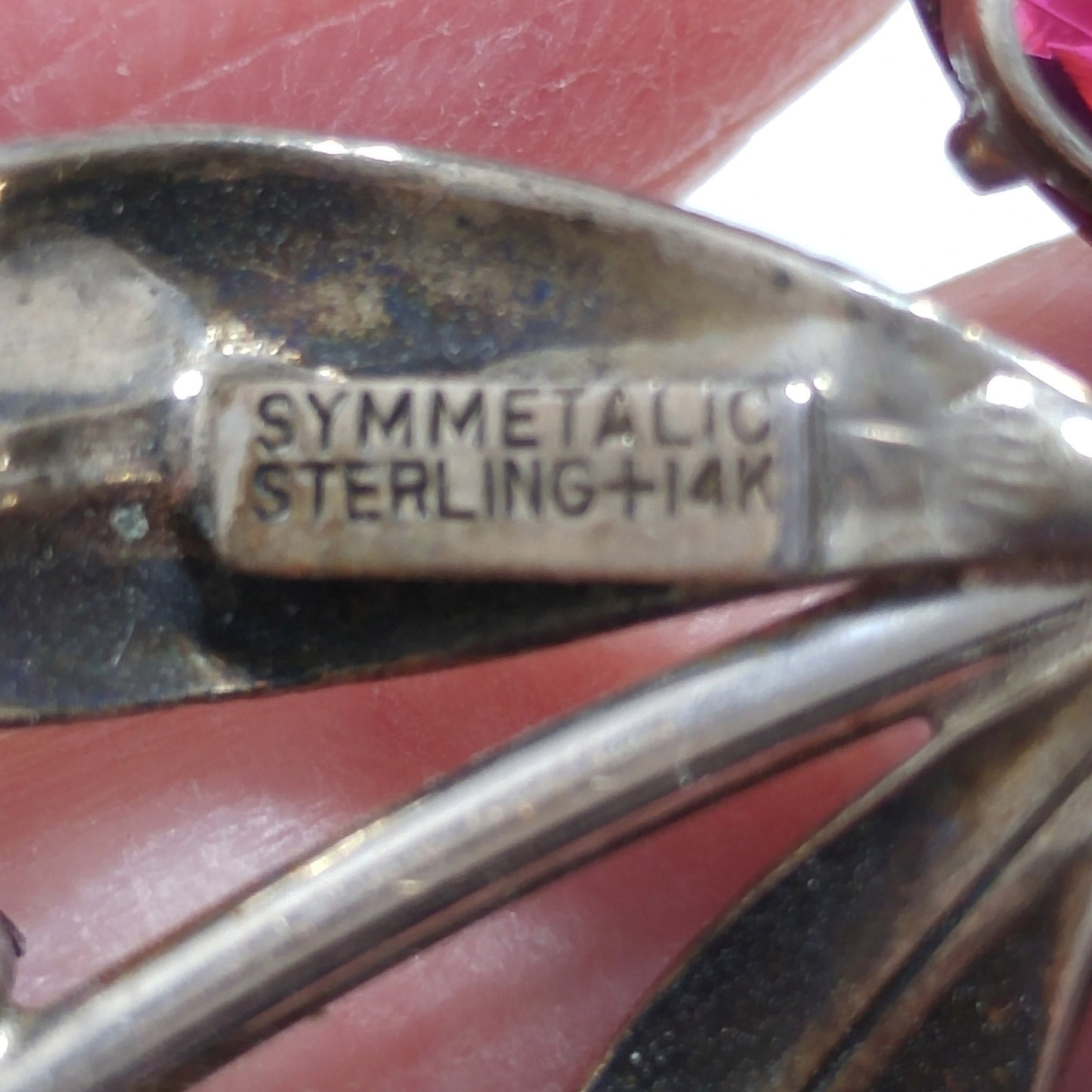Symmetalic Sterling & 14K Gold Brooch, Rhinestone Accents, 1940s Vintage Jewelry