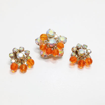 Small Aurora Borealis Brooch & Matching Earrings, Tangerine Orange Dangles, 1950