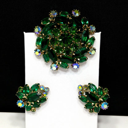 Vintage Weiss Emerald Green Brooch & Earrings, Aurora Borealis, Gold Plated