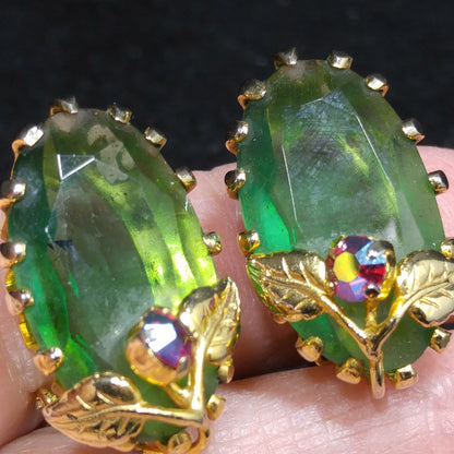 Kramer Austria Green Clip Earrings, Gold Plated, 1950s Vintage Jewelry
