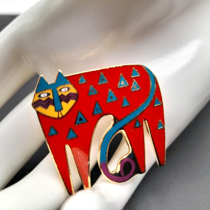 Laurel Burch "Miyo" Red Cat Brooch, Cloisonne Enamel, Gold Plated, 1980s Vintage Jewelry