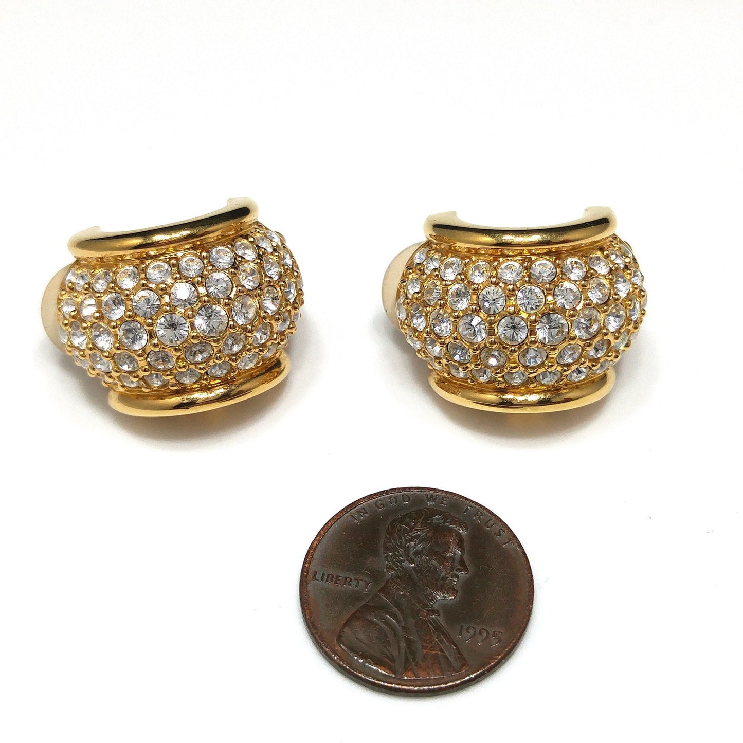 Swarovski Clear Pave Wide Hoop Earrings, Gold Plated Clips, 1990s Vintage Jewelry