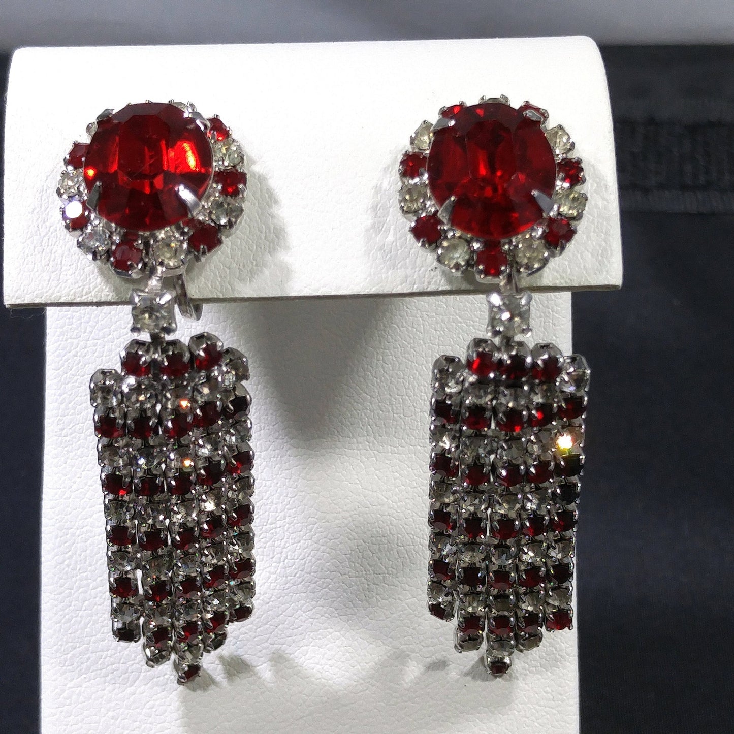 Red & Clear Long Rhinestone Earrings, Dangle , 1960s Vintage Jewelry