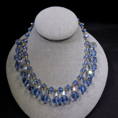 Blue Crystal Dangling Necklace, Light Blue Faceted Beads, 1960s Vintage Jewelry
