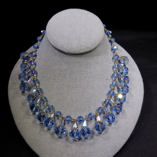 Blue Crystal Dangling Necklace, Light Blue Faceted Beads, 1960s Vintage Jewelry