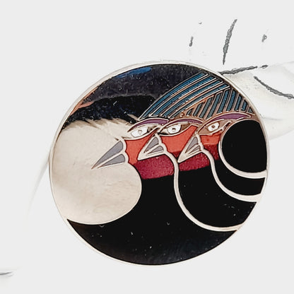 Laurel Burch "Celestial Birds" Post Earrings, Vintage 1980s Rhodium Enamel Jewelry, Designer Statement Earrings, Artistic Retro Style