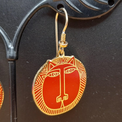 Laurel Burch "Moon Tiger" Red Drop Earrings, Gold Plated Cloisonné, Red Enamel, 1980s Vintage Jewelry