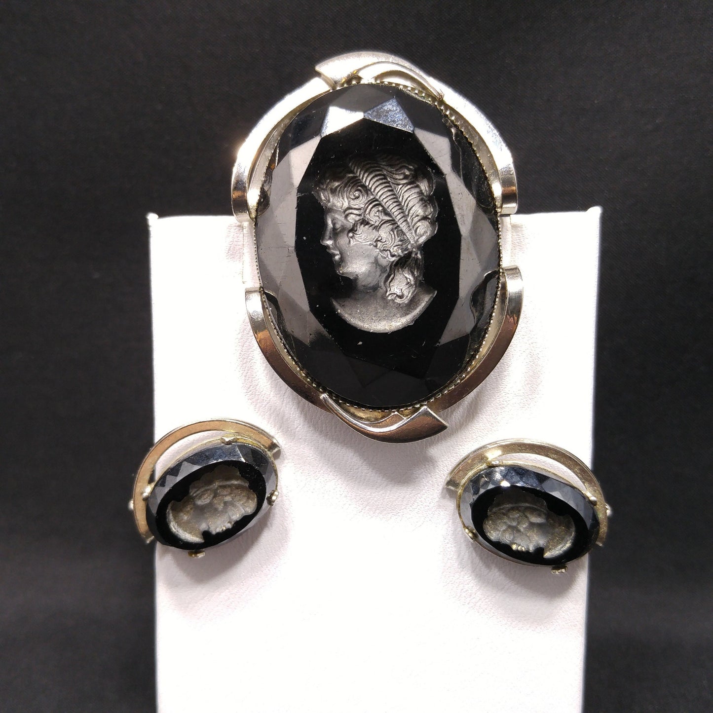 Black Glass Intaglio Cameo Brooch & Clip Earrings, 1960s Vintage Jewelry