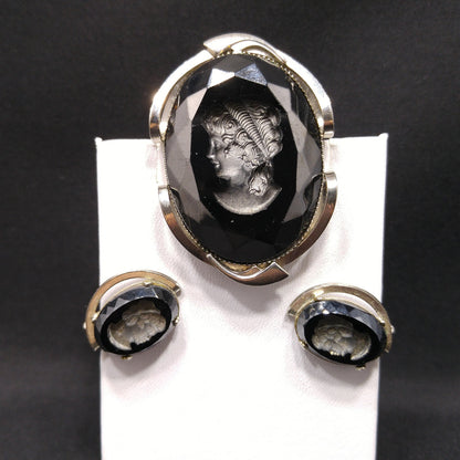 Black Glass Intaglio Cameo Brooch & Clip Earrings, 1960s Vintage Jewelry