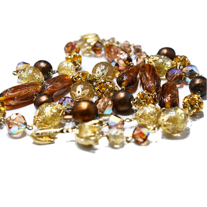 Vendome 1950s Two-Strand Topaz & Bronze Art Glass Necklace | AB Swarovski Crystals, Gold Filigree Beads, Signed Hook Clasp