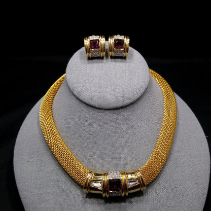 Purple Clear Rhinestone Necklace & Earrings, Gold Plated, 1980s Vintage Jewelry
