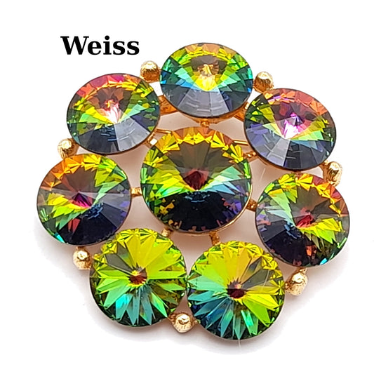 Vintage Weiss Green Watermelon Rivoli Rhinestone Brooch