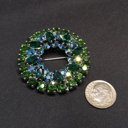 Sherman 1960s Emerald & Peacock Green Rhinestone Wreath Brooch | Aurora Borealis | Rhodium Plated Vintage Jewelry