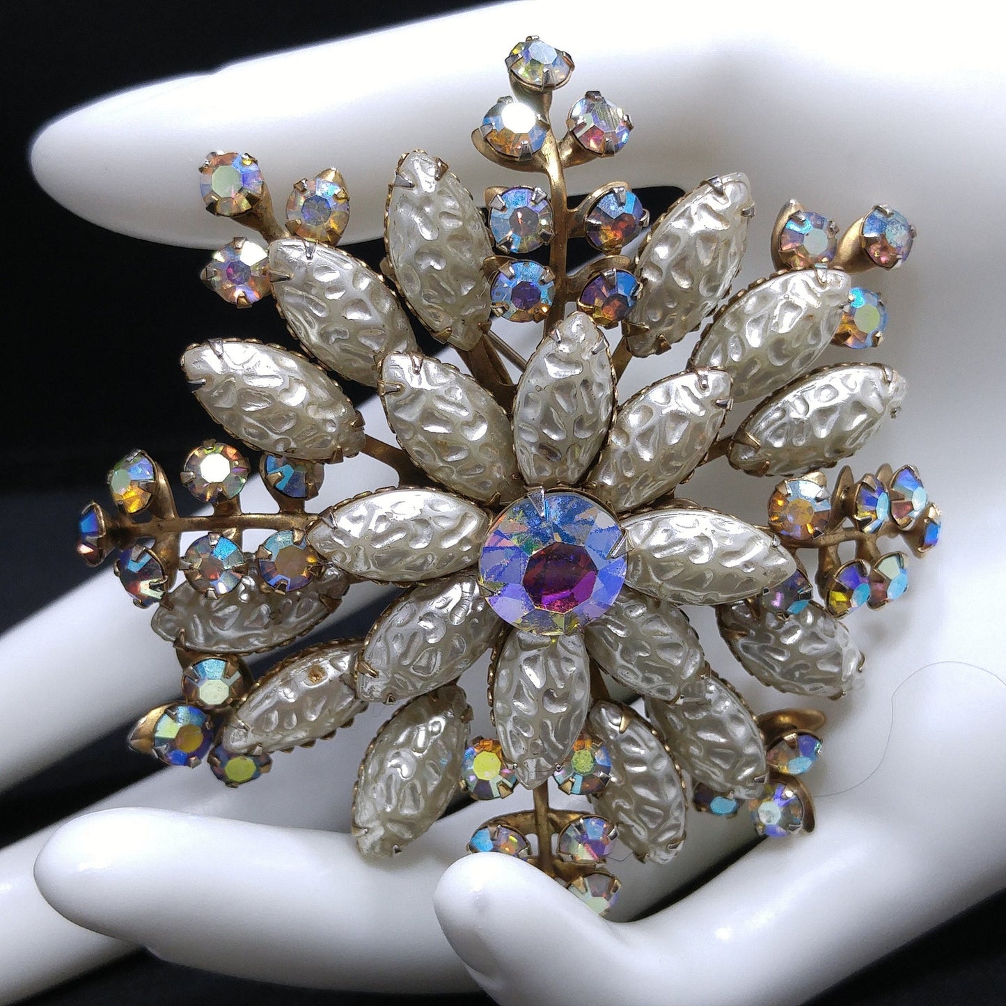 Large Flower Pearled Lava Glass Brooch, Aurora Borealis Rhinestones, 1950s Vintage Jewelry