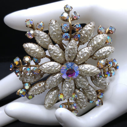 Large Flower Pearled Lava Glass Brooch, Aurora Borealis Rhinestones, 1950s Vintage Jewelry