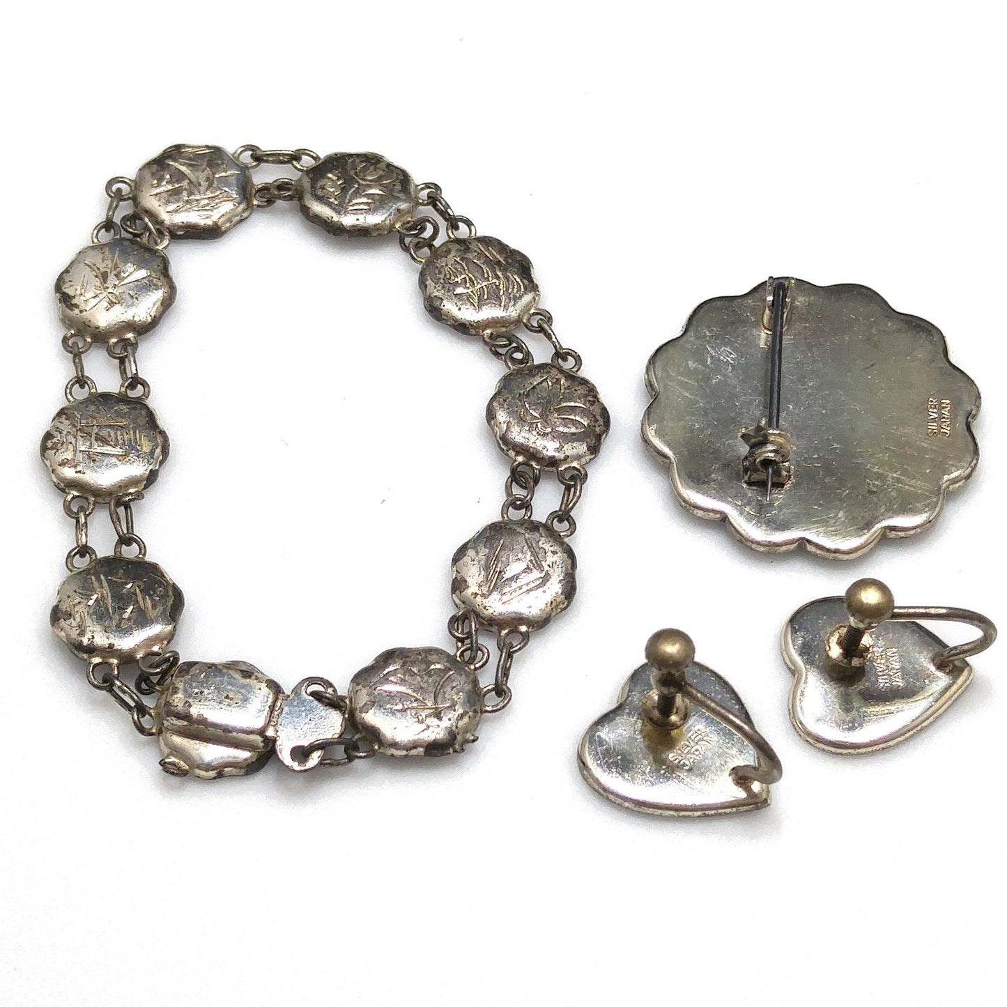 Japanese Damascene Silver Jewelry, Bracelet Brooch Earrings, 1940s Vintage Jewelry