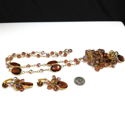 Filigree Chandelier Pendant Necklace & Earrings, Topaz Crystal Beads, 1970s Vintage Jewelry