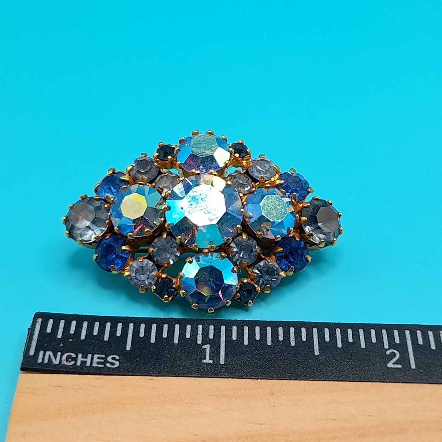 Vintage STAR Made AUSTRIA Brooch, Aurora Borealis, Gold Tone, 1960s, 1 3/4 Inch