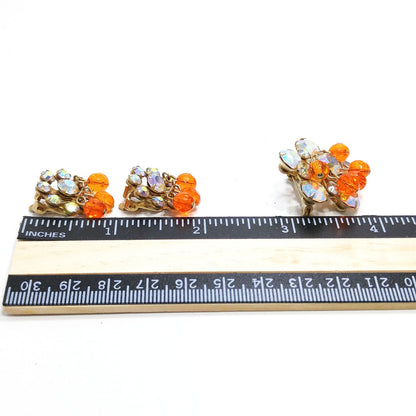 Small Aurora Borealis Brooch & Matching Earrings, Tangerine Orange Dangles, 1950