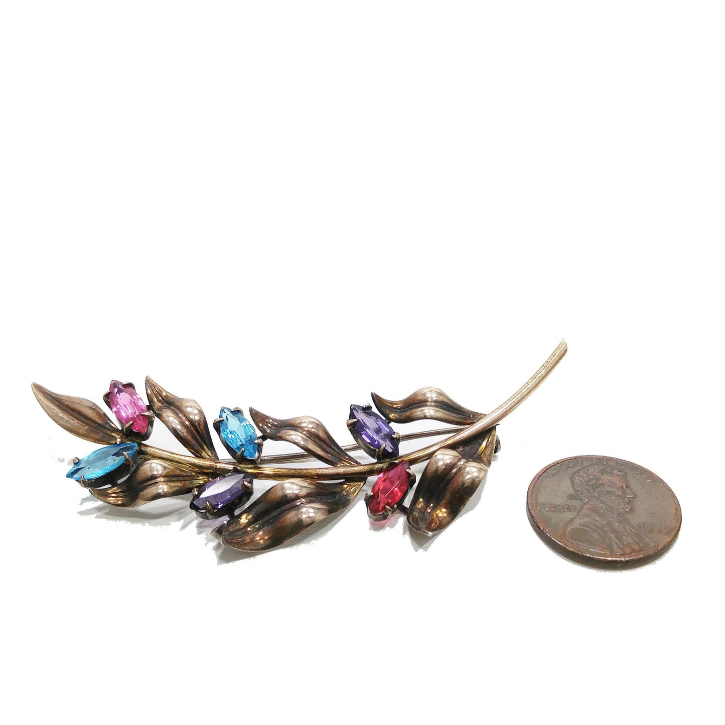 Symmetalic Sterling & 14K Gold Brooch, Rhinestone Accents, 1940s Vintage Jewelry