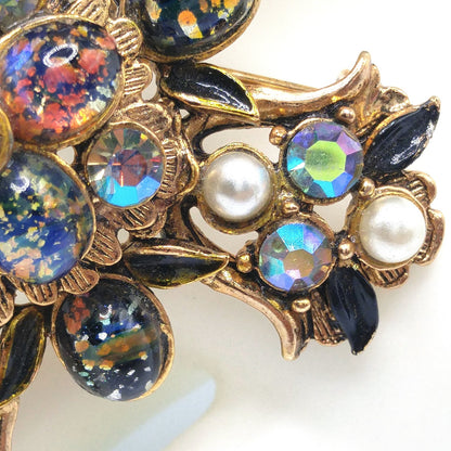 Vintage Maltese Cross Brooch, Foil Cabs, Faux Pearls AB Rhinestones, Vintage Jewelry