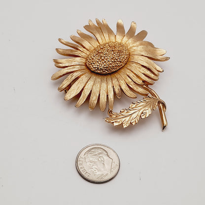 Vintage Marvella Signed Sunflower Brooch - 2 3/4 Inches, Gold Plated