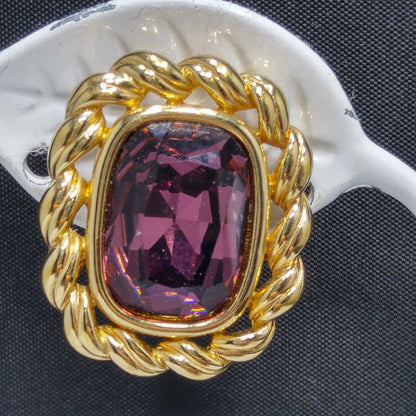 Swarovski S.A.L. Earrings, Purple Crystal Clip Ons, Gold Rope Design, 1970s Vintage Jewelry