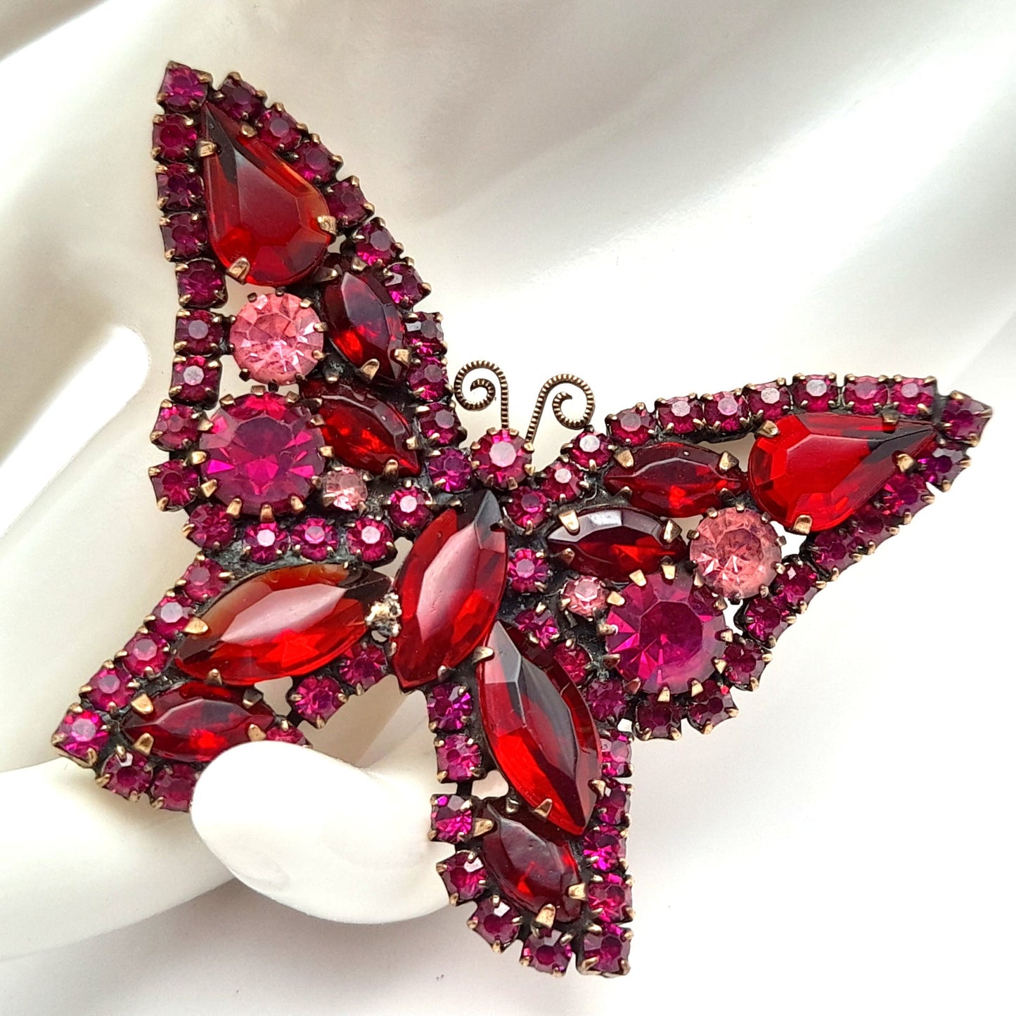 Vintage WEISS Red Pink Rhinestone Butterfly Brooch