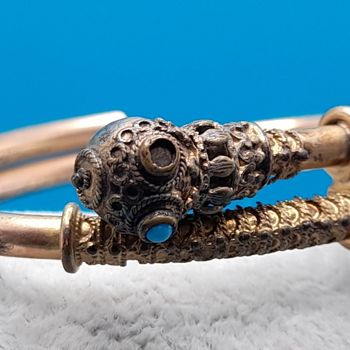 Antique Snake Cuff Bracelet, Gold Filled, Filigree Balls, Turquoise Bead Eyes, Victorian 1800s Jewelry