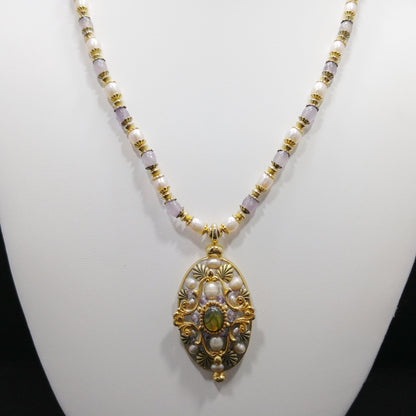 Michal Golan Amethyst Beaded Pendant Necklace, Faux Pearls, Artisan Vintage Jewelry