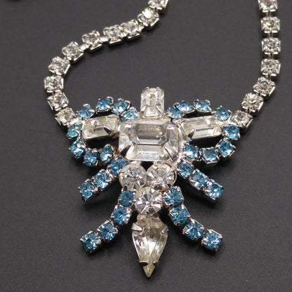 Mid-Century Turquoise Blue Clear Rhinestone Choker Necklace, Rhodium Plated, 1960s Vintage Jewelry