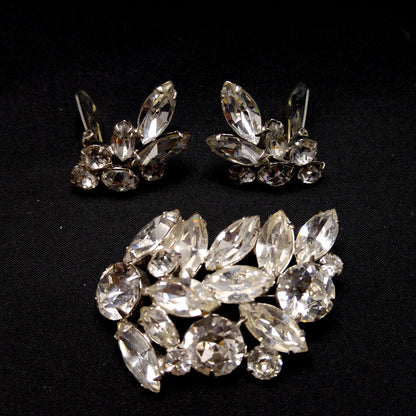 Regency Clear Rhinestone Brooch & Earrings, Rhodium Plated, 1950s Vintage Jewelry
