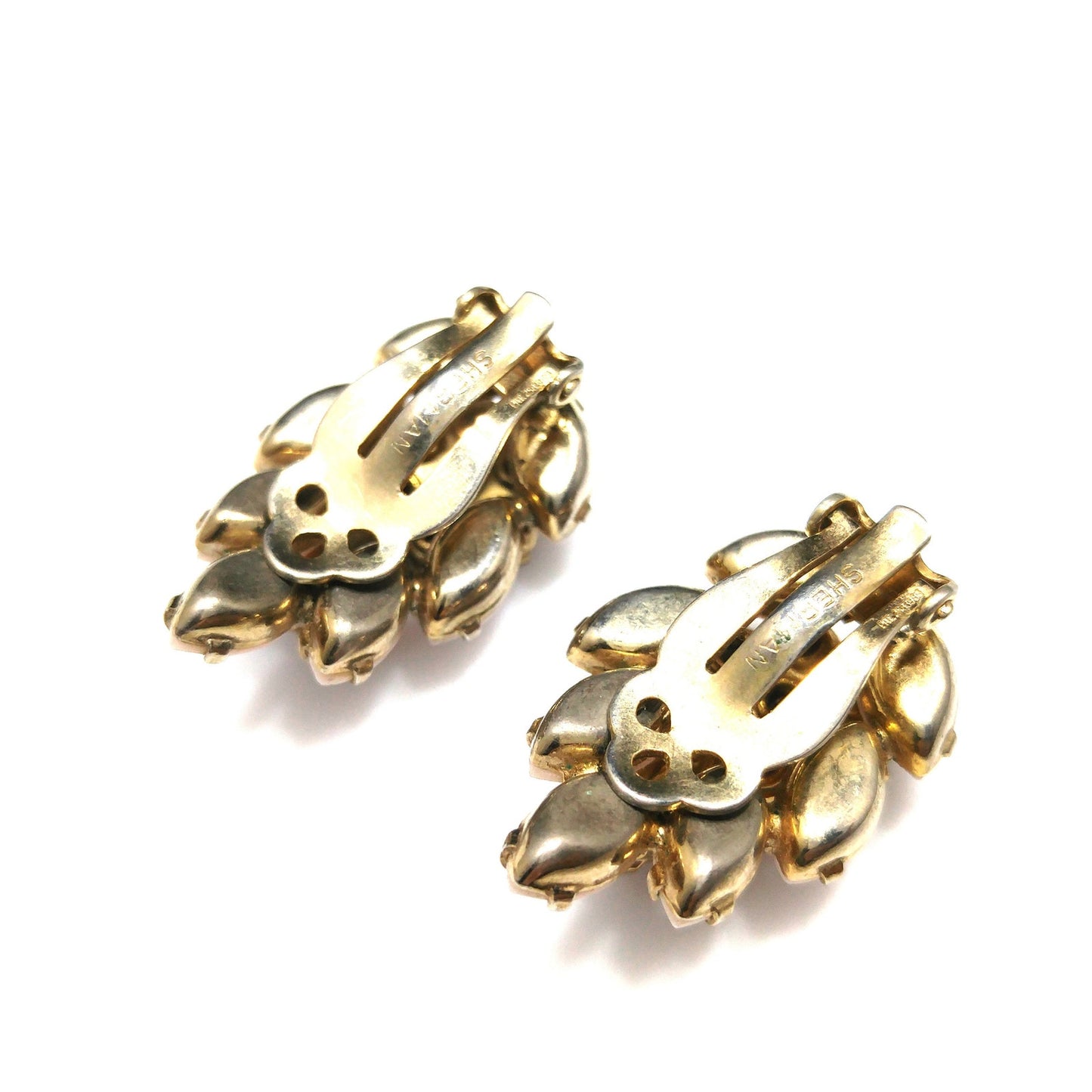Sherman Pink & Topaz Rhinestone Earrings, Pink Milk Glass, Gold Plated, 1960s Vintage Jewelry