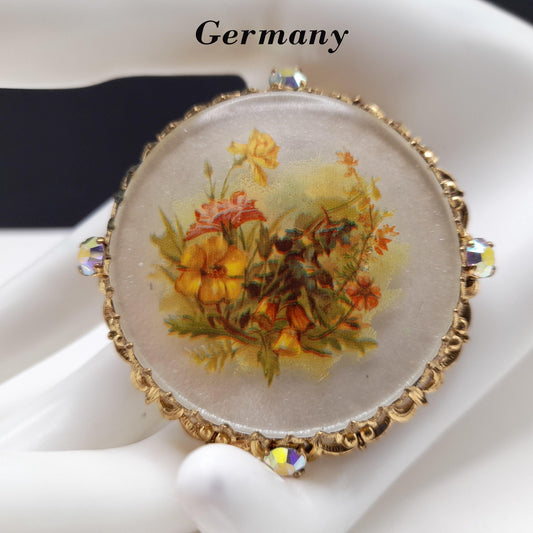 Germany Glass Floral Brooch, Aurora Borealis Rhinestones, 1950s Vintage Jewelry