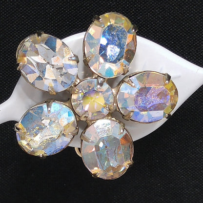 Weiss Aurora Borealis Clear Rhinestone Earrings, Flower Clip Earrings, 1950s Vintage Jewelry