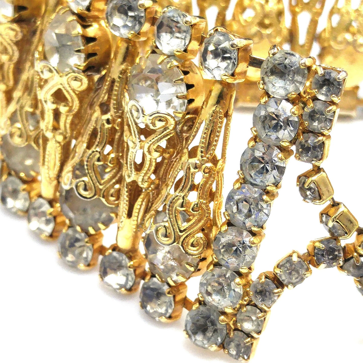 Vintage Gray Rhinestone Gold Filigree Cone Choker Necklace 1950s