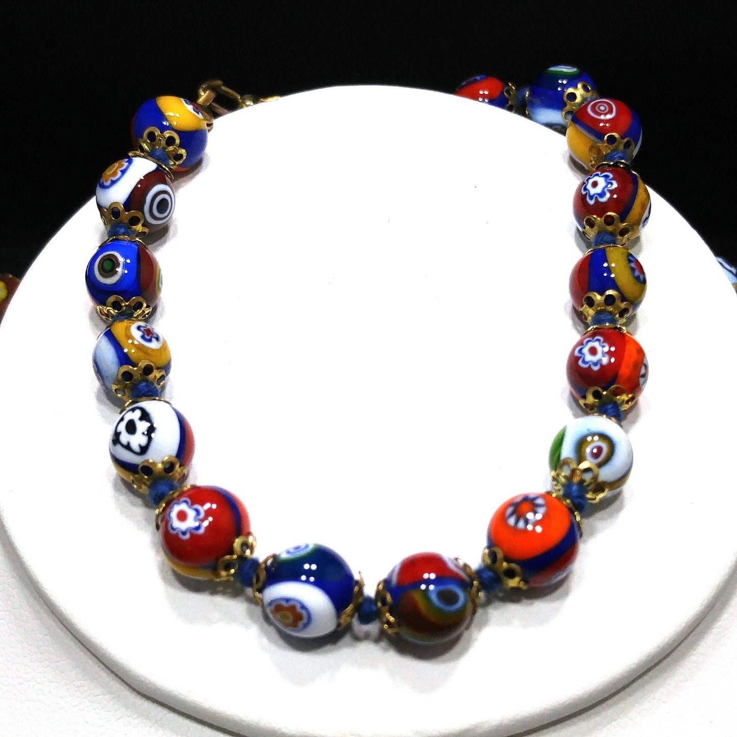 Murano Millefiori Beaded Necklace Bracelet Set, Hand Blown Glass, Hand Knotted in Red, 1950s Vintage Jewelry