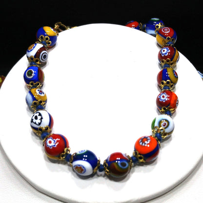 Murano Millefiori Beaded Necklace Bracelet Set, Hand Blown Glass, Hand Knotted in Red, 1950s Vintage Jewelry