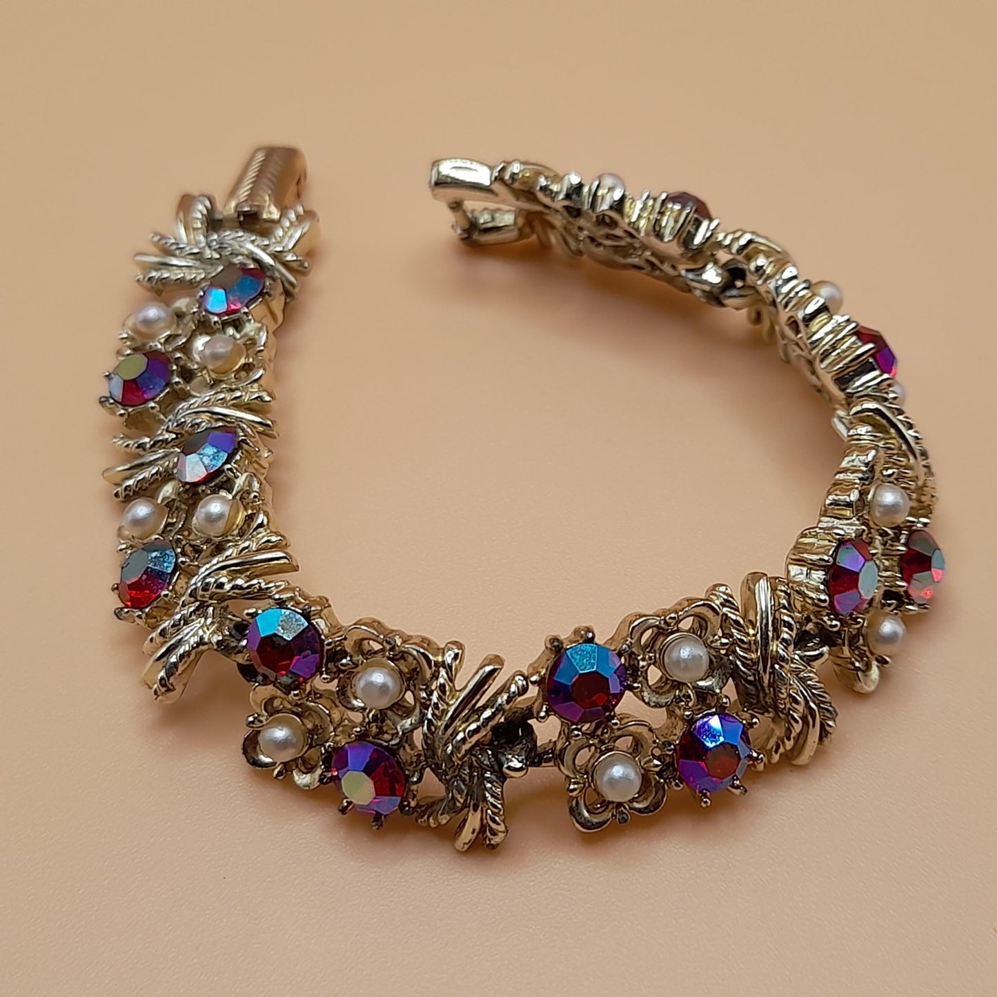Vintage Coro Red Rhinestone Bracelet, Aurora Borealis, 1950s, 6 1/4 In