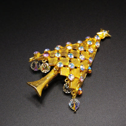 Vintage MYLU Christmas Tree Brooch – AB Rhinestones, Dangling Crystals, 1960s