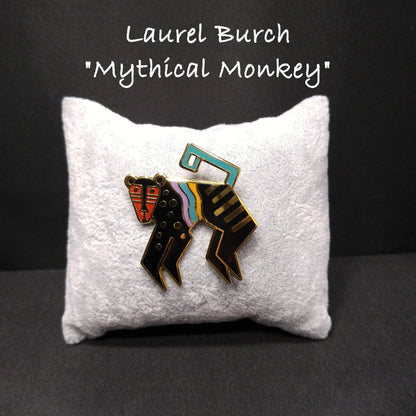 Laurel Burch "Mythical Monkey" Brooch, Gold Plated Cloisonne Enamel, 1980s