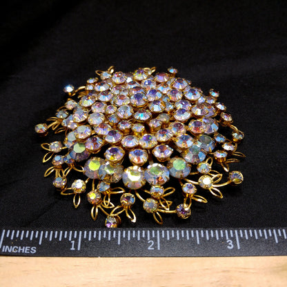 Large Clear Aurora Borealis Brooch, Gold Plated, 1950s Vintage Jewelry