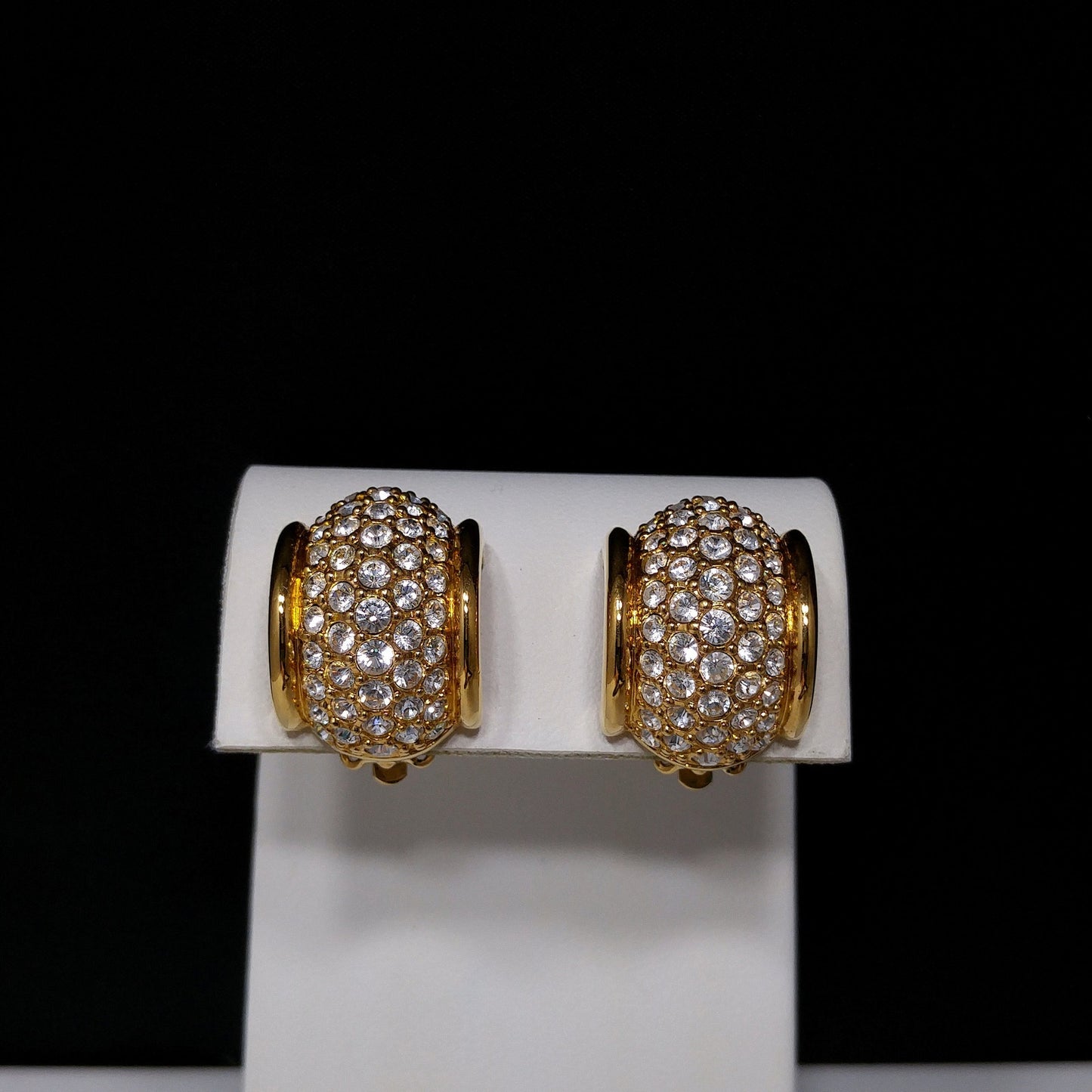 Swarovski Clear Pave Wide Hoop Earrings, Gold Plated Clips, 1990s Vintage Jewelry