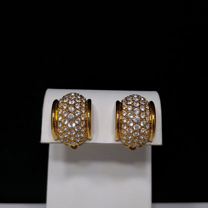 Swarovski Clear Pave Wide Hoop Earrings, Gold Plated Clips, 1990s Vintage Jewelry