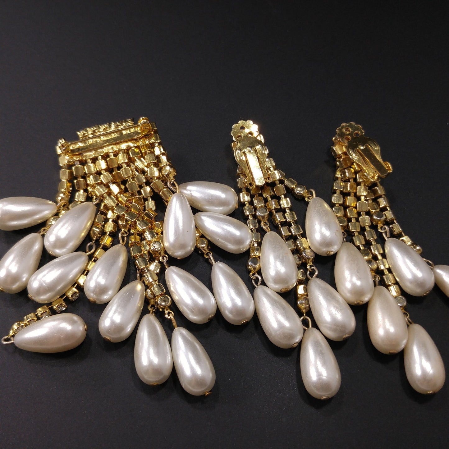 Vintage Rhinestone Gold Plated Brooch & Earrings, Faux Pearls, 1970s