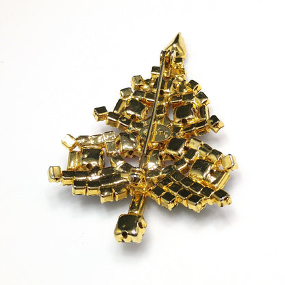 OTC Rhinestone Christmas Tree Brooch, Gold Plated, 1960s Vintage Holiday Jewelry