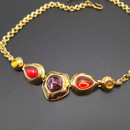 Monet Gold Plated Choker Necklace, Red Purple Glass Cabochons, 1980s Vintage Jewelry